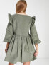 ASOS DESIGN cord mini smock dress with ruffle shoulder in khaki