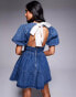 ASOS LUXE denim puff sleeve corsetted mini skater dress in blue dark wash