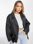 ASOS DESIGN washed faux leather longline biker jacket in black