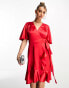 Фото #2 товара Flounce London wrap front mini satin dress with flutter sleeves in red