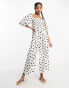 ASOS DESIGN linen look shirred bodice puff sleeve jumpsuit in mono spot print