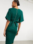 Closet London ribbed pencil dress with tie belt in emerald green