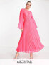 ASOS DESIGN Tall tie back fluted sleeve pleated midi dress in fluro pink