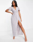 Фото #1 товара TFNC Bridesmaid chiffon wrap front maxi dress with flutter sleeve in grey