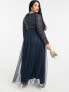 Фото #3 товара Maya Plus Bridesmaid long sleeve maxi tulle dress with tonal delicate sequin in navy