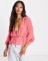 ASOS DESIGN sheer ruched shoulder blouse with frill hem in pink Розовый, 32 - фото #1