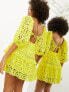 ASOS EDITION broderie twist front mini dress with puff sleeve in yellow