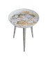 20 Inch Artisanal Industrial Round Tray Top Iron Side End Table, Tripod Base, Distressed White, Gold