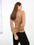 River Island puff sleeve knit top with button detail in camel