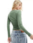 Pieces lettuce edge ruched front long sleeved t-shirt in green