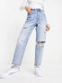 Stradivarius straight cropped jean with rips in medium blue