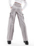 Pieces metallic satin wide leg cargo trousers in grey