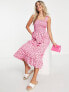 Pieces shirred midi dress in pink cherry print