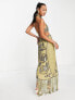 Фото #7 товара ASOS DESIGN halter embellished pencil midi dress with floral artwork and fringing in olive