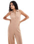 ONLY button through ribbed jersey wide leg jumpsuit in beige