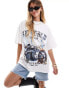 ASOS DESIGN boyfriend fit t-shirt with motorbike and fire rock graphic in cream