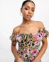 Фото #8 товара ASOS DESIGN babydoll tie front bardot mini tea dress in floral animal print