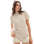 Фото #4 товара Vila plisse high neck short sleeve t-shirt with lettuce edge detail in beige