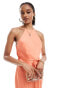 ASOS DESIGN Tall halter racer maxi dress with tie waist and cut out sides in coral