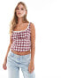 Фото #1 товара Bershka lace trim milkmaid top in burgundy check