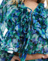 Wednesday's Girl blurred floral ruffle cropped mesh blouse co-ord in blue green