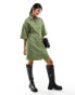 ASOS DESIGN twill mini shirt dress in khaki 34 - фото #4