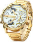 FENKOO Men's Military Watch Quartz Calendar/Dual Time Zones Stainless Steel Band Wristwatch Gold