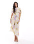 & Other Stories linen blend asymmetric hem midi dress with ruche bodice and volume sleeves in floral print