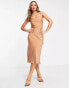 ASOS DESIGN scoop neck satin midi slip dress with tie waist detail in tan