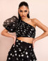 ASOS LUXE co-ord one shoulder blouson sleeve polka dot organza top in monochrome