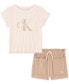 ფოტო #1 პროდუქტის Baby Girls Ribbed Logo T-Shirt & Crepe French Terry Shorts, 2 Piece Set