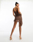 Missyempire mesh bandeau asymmetric ruffle hem mini dress in brown