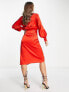 Фото #3 товара Never Fully Dressed tie waist satin midi dress in red