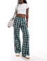 Фото #3 товара Bershka tie waist wide leg trousers in green check