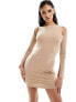 ASOS DESIGN racer cut out long sleeve mini dress with open back in camel