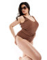 Фото #3 товара In The Style Plus crinkle scoop neck ring detail swimsuit in brown