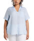 ფოტო #1 პროდუქტის Plus Size Stripe Split Neck Linen Short Sleeve Top