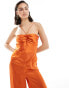 ASOS DESIGN halter tie ruched front straight leg satin jumpsuit in rust