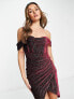 Lavish Alice glitter velvet off shoulder midi dress in burgundy