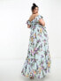 ASOS DESIGN Curve ruffle cut out off the shoulder maxi dress with hi low hem in blue floral print