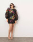 ASOS EDITION Curve organza long sleeve embroidered tie back mini dress in black