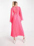 ASOS DESIGN Tall tie back fluted sleeve pleated midi dress in fluro pink
