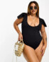 ASOS DESIGN Curve flutter sleeve plunge neck swimsuit in black