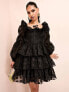 ASOS LUXE organza tiered polka dot mini dress with blousons sleeve and ruffle detail in black