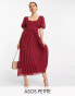 Фото #2 товара ASOS DESIGN Petite puff sleeve pleated dobby midi dress with scallop trim in burgundy