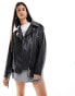 Bershka oversized faux leather biker jacket in black