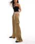 Bershka tie waist utility wide leg trousers in khaki