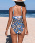 Women's Deep V Neck Self Tie Tummy Control Paneled Floral One Piece Swimsuit