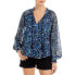 Aqua Printed Tassel Tie Top Abstract Print V-Neck in black/teal/blue Size M