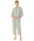 Womens 3/4 Sleeve Cotton Notch Collar Capri Pant Pajama Set